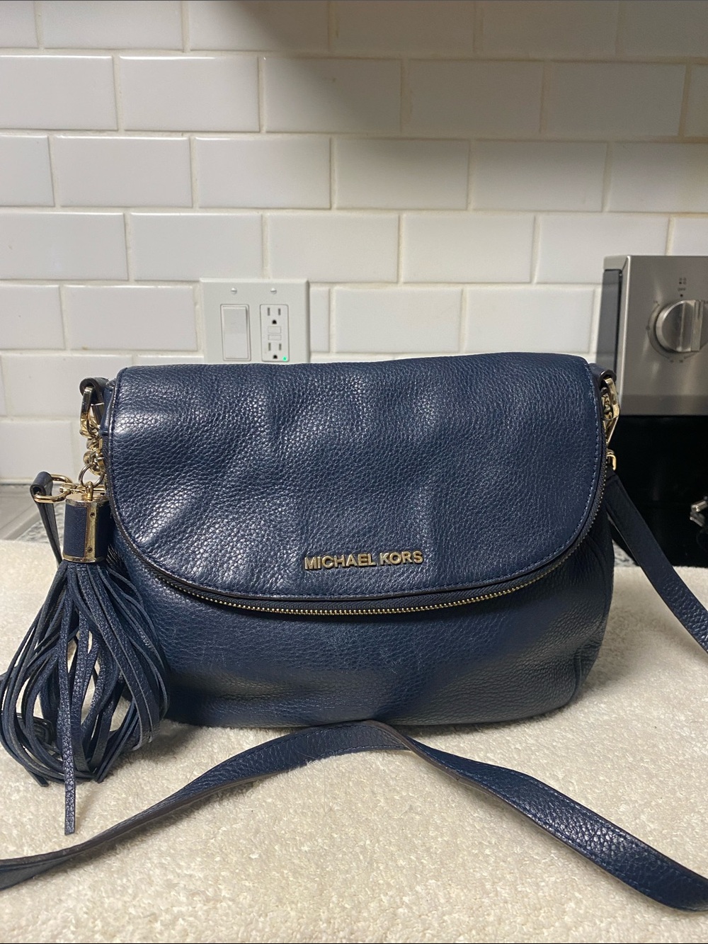 Michael Kors Navy Pebbled Leather Crossbody with Tassel